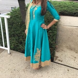 Elegant Teal and Gold Embroidered Indian Dress